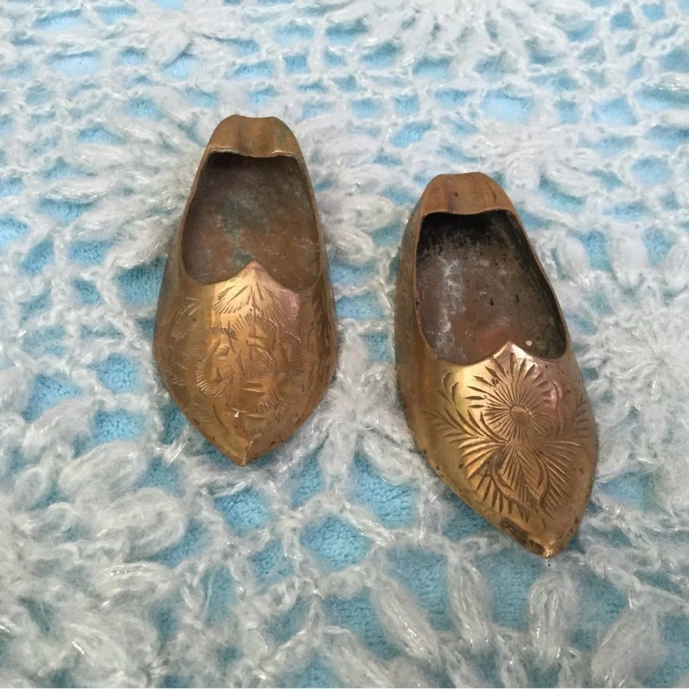 Vintage Brass Engraved Ashtray Shoes Slippers